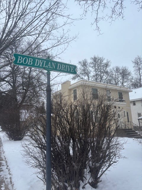 Bob Dylan's Hibbing home near the high school which now features a very special street sign. 