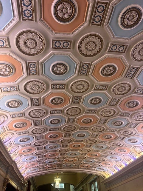 The fanciest ceiling you'll ever see in a school. The intricate plaster ceiling outside the Hibbing High School auditorium where Dylan famously (or infamously) pounded on that piano before school officials dropped the curtain on him. 