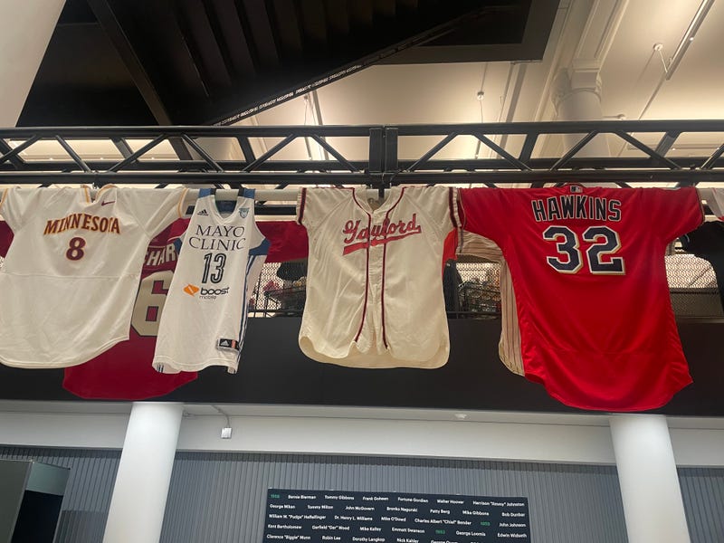 Part of the jersey display at the new Minnesota Sports Hall of Fame Experience at the Dayton's Holiday Market in downtown Minneapolis.