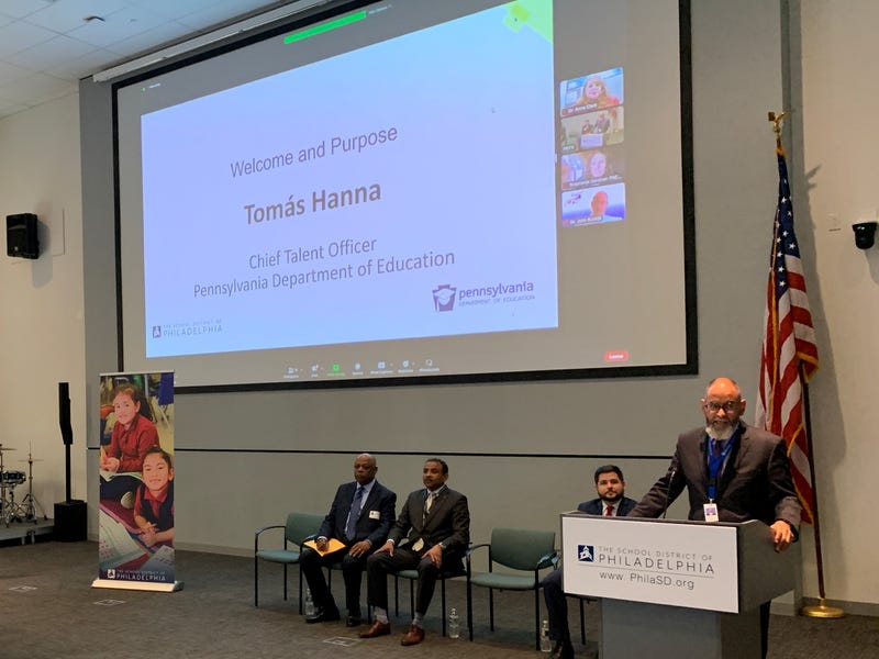 Tomás Hanna, the chief talent officer for the Pennsylvania Department of Education, at a PDE meeting at the School District of Philadelphia. The district is expanding its program to pay education costs for paraprofessionals to get their teaching certificate.