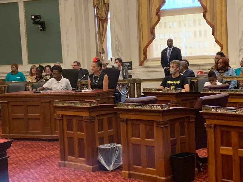 Natalie Felix DiDonato with a young rec center user testifying before council