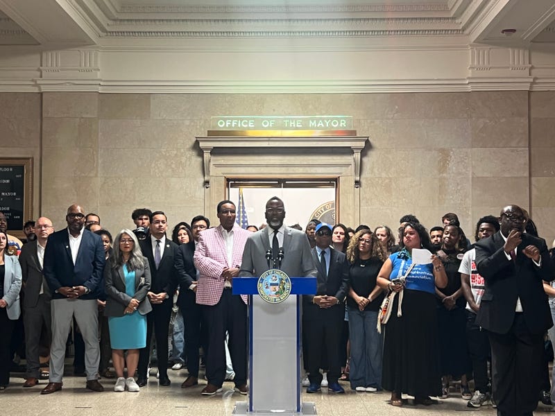 Mayor Brandon Johnson addresses reporters at City Hall on Wednesday, July 16, ahead of a City Council meeting to discuss why he vetoed a "snap" curfew ordinance. Aldermen failed to override the mayor's veto at the meeting, with a 27 to 22 vote.
