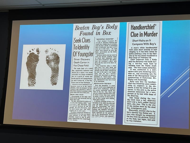 Newspaper clippings displayed by Philadelphia police Thursday as the identity of the "Boy in the Box," the body of a 4-year-old boy that was found in February 1957, was finally discovered to be Joseph Zarelli.