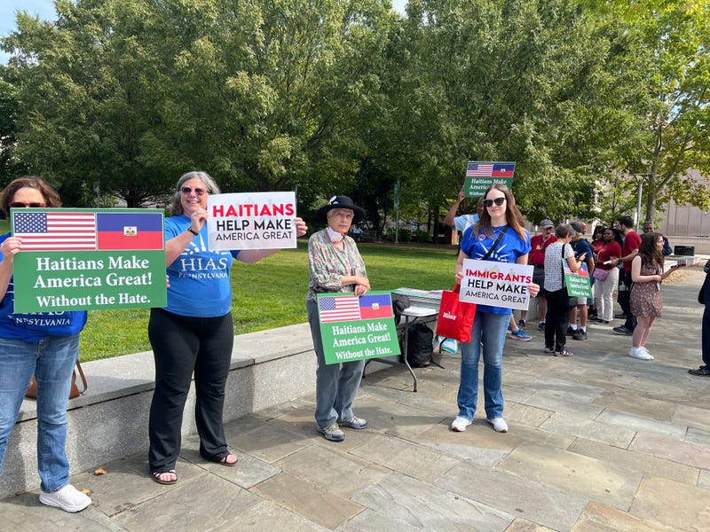 Members of the city’s Haitian community and immigration advocates rallied at the National Constitution Center to decry false claims made by the Republican presidential ticket about the Haitian immigrant community of Springfield, Ohio.