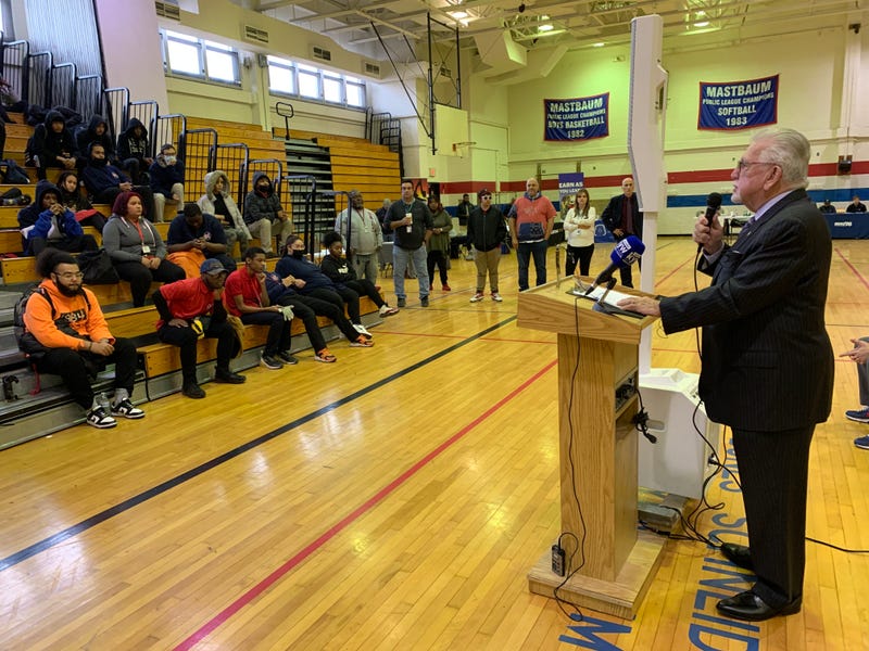 Philadelphia AFL-CIO President Pat Eiding addressing students at Mastbaum Vocational/Technical High School in Kensington.