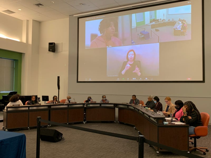 Philadelphia Schools Superintendent Tony Watlington (underneath the video screen) at a Board of Education meeting Thursday.