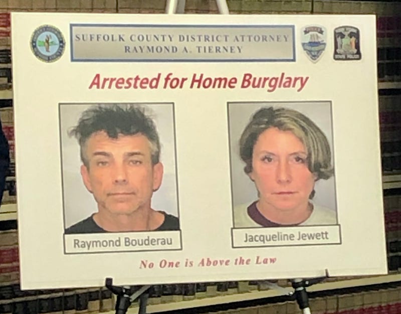 Raymond Bouderau and Jacqueline Jewett's mugshots shown at a press conference.