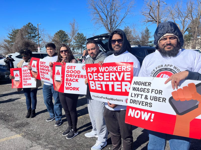 Uber and Lyft drivers protest near Philadelphia International Airport on Wednesday.