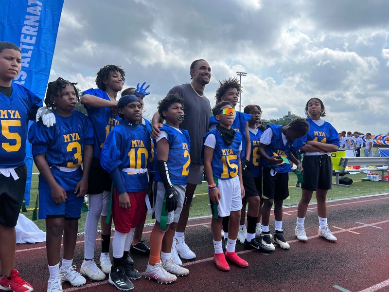 Jalen Hurts surprised Philly school students on the football field on Aug. 28, 2022, to announce Kellogg's $75,000 donation to the school district's athletics programs.