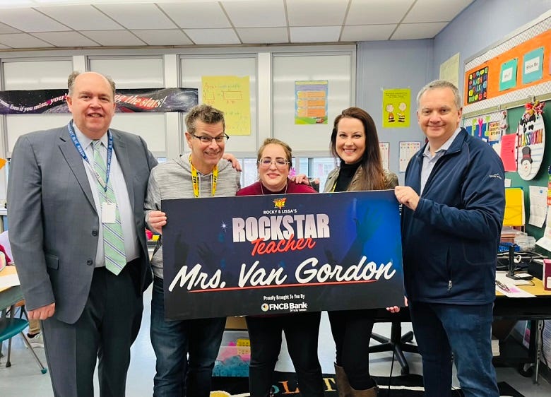 Rocky & Lissa with Mrs. Van Gorden, Principal O'Donnell and Mike Cummings from FNCB Bank