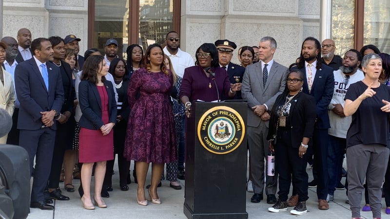 Philadelphia Mayor Cherelle Parker addresses reporters outside City Hall on Thursday, Nov. 7, 2024.