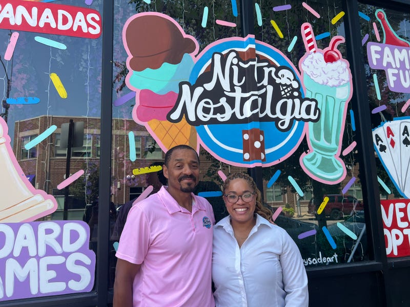 Garland and Kamillah Lucas in front of Nitro Nostalgia, which they opened in December of 2024. The ice cream shop uses liquid nitrogen to create frozen concoctions. 