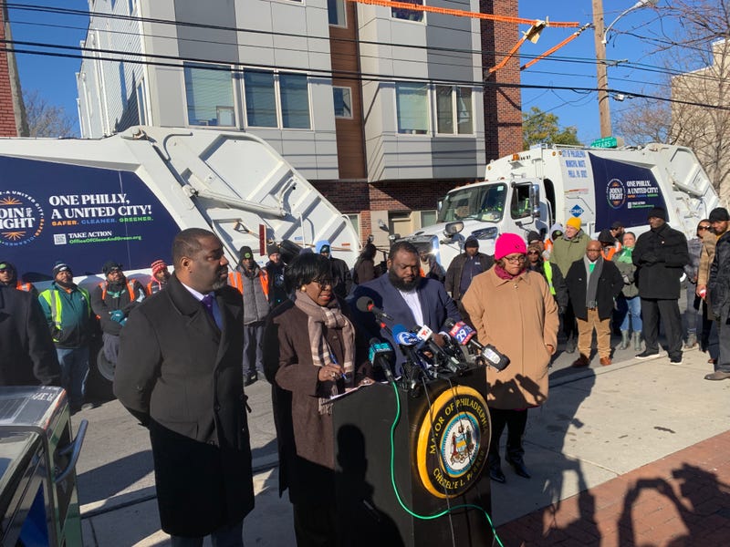 City officials celebrate twice-weekly trash collections in Center City and South Philadelphia on Dec. 2, 2024.
