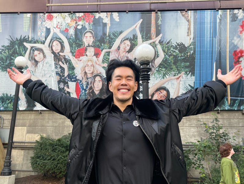 Leonard Suryajaya stands in front of Kin Link, his latest installation, which will adorn the Chicago Riverwalk east of Michigan Avenue for about one year.