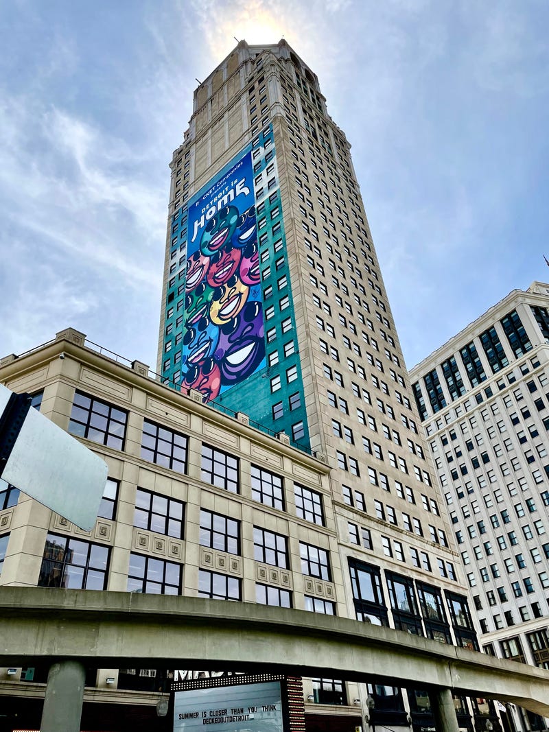 The whales mural on the Broderick Tower in Detroit has been covered up with this ad for Rocket Mortgage