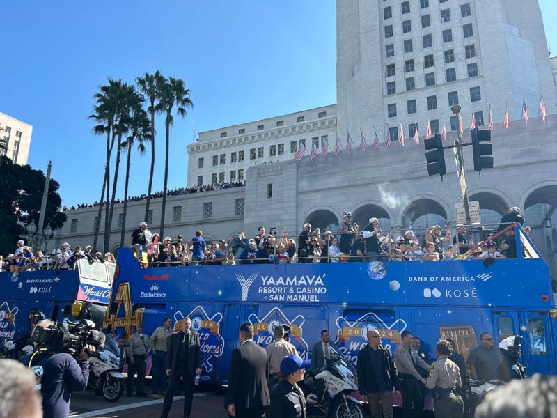 dodgers buses outside city hall