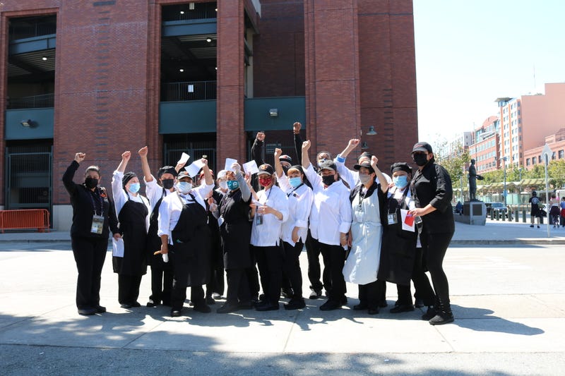Oracle Park food service workers celebrate their new agreement with Bon Appetit, the Giants food service contractor.