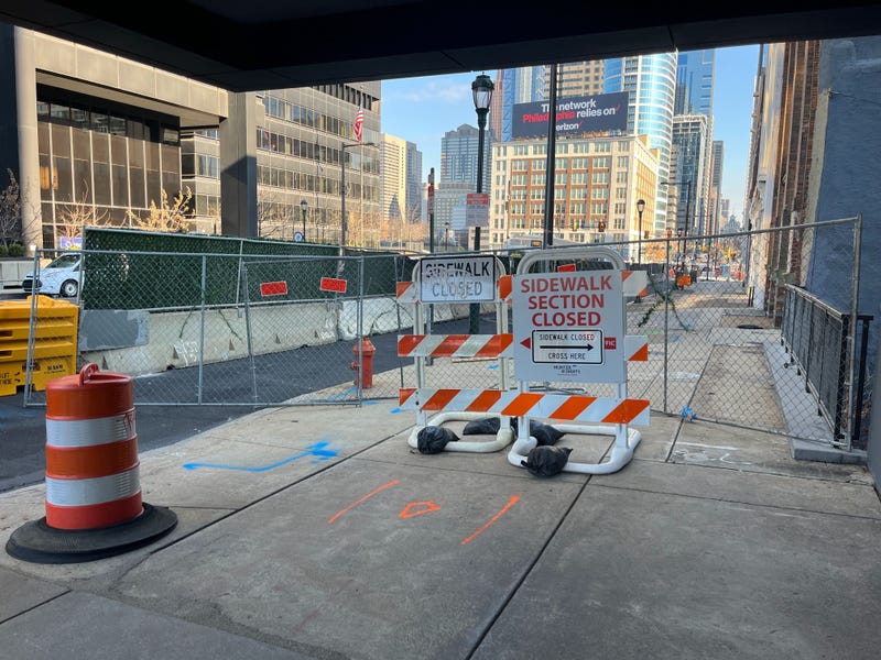 A sidewalk closure on Market Street near the corner of 23rd and Market streets in Center City.