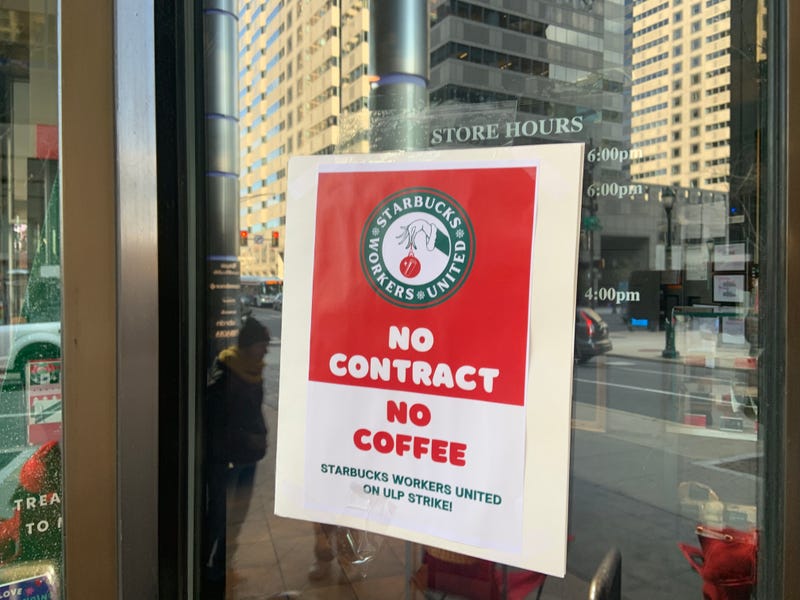 A Starbucks Workers United strike sign at a location in Center City.