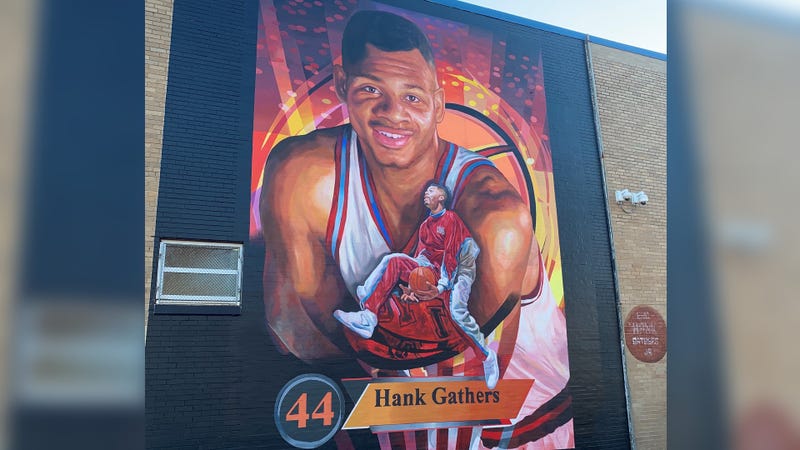 The new mural commemorating late Philadelphia basketball star Hank Gathers at the North Philadelphia rec center bearing his name.