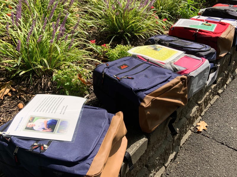 Book bags displayed at Penn State Abington to build awareness about suicide and mental health among students.