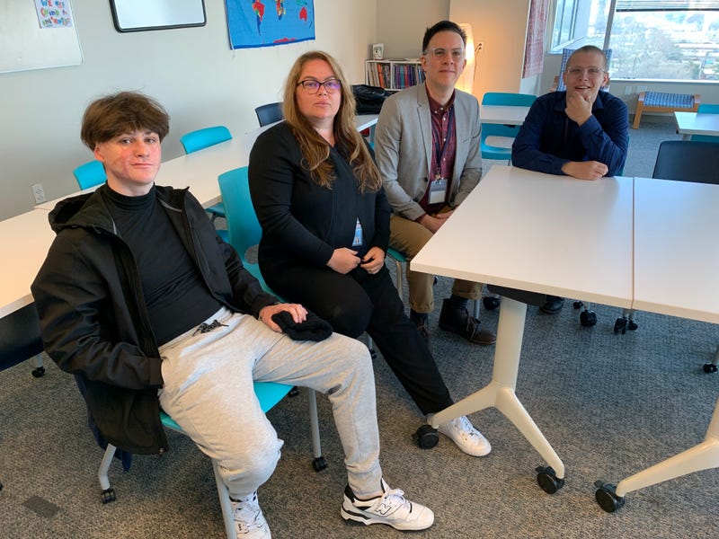 From left: 16-year-old Ukrainian student Yurii Bohrebniuk, translator Kate Guns, ESL coordinator Damon Bennett and ESL teacher Daniel Betekhtin