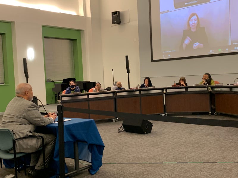 State Sen. Anthony Williams (left) testifies before the Philadelphia School Board on Feb. 23, 2023.
