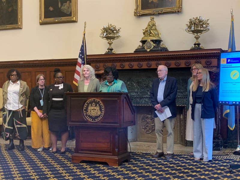 Mayor Cherelle Parker speaks at podium in City Hall