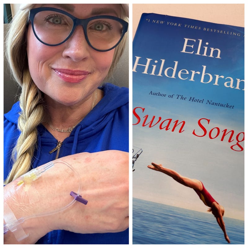 Christine Lee at the Helen and Harry Grey Cancer Institute in Avon, CT on June 6th, 2024 with Elin's final Nantucket novel, Swan Song getting her through chemo.