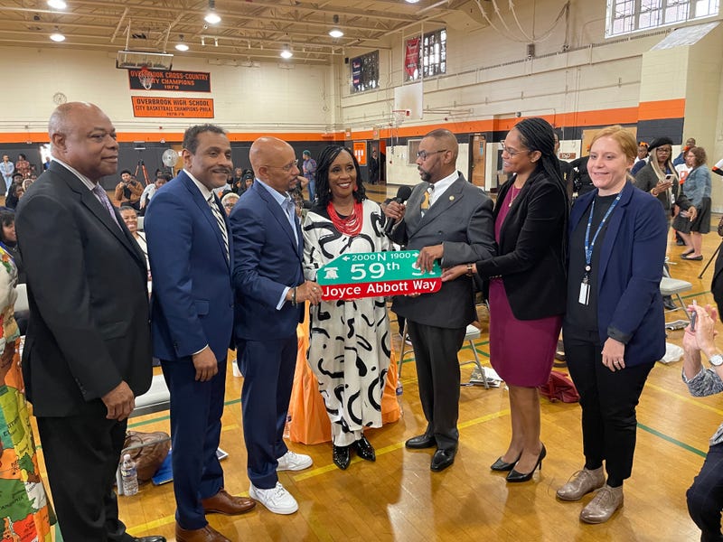 Joyce Abbott (center) is recognized with a street renaming in her honor on Sept. 26, 2023. The longtime Philly teacher was the inspiration for Quinta Brunson’s Emmy Award-winning hit sitcom “Abbott Elementary.”
