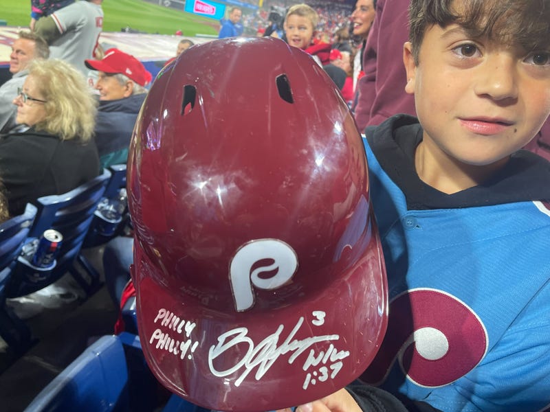 Hayden Dorfman of Voorhees, New Jersey, got hold of Bryce Harper's helmet