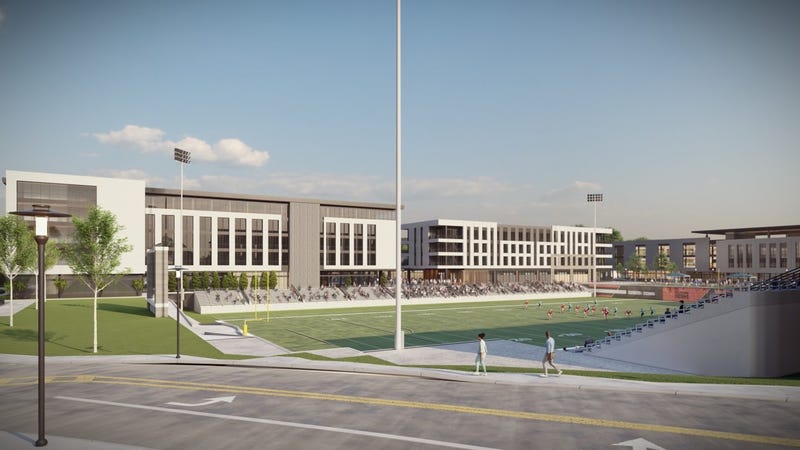 An artist's rendering of a ground level view looking southeast from the intersection of Front Street and Lou Groza Blvd. in Berea, Ohio of the Browns 16-acre, $200+ million Berea development to be called ‘District 46 at CrossCountry Mortgage Campus’