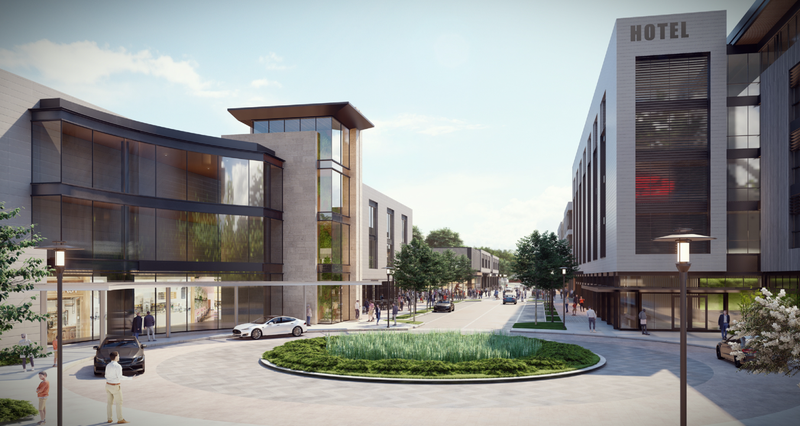 An artist's rendering of a street level view from Lou Groza Blvd. looking south at the ‘District 46 at CrossCountry Mortgage Campus’ development.