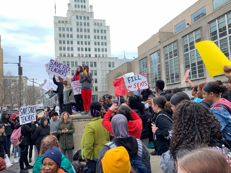 Students protest outside district headquarters on March 23, 2023, against staff cuts that were brought on by enrollment losses at magnet schools, after the district instituted an admissions lottery to promote equity.