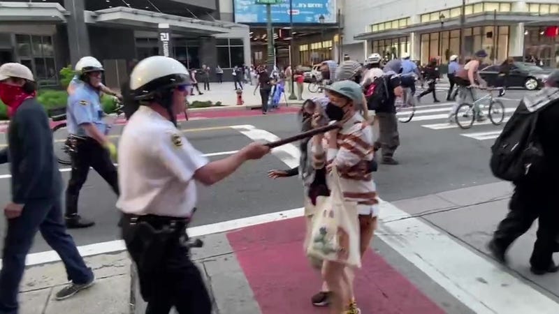A police officer points his baton in a protester's face.