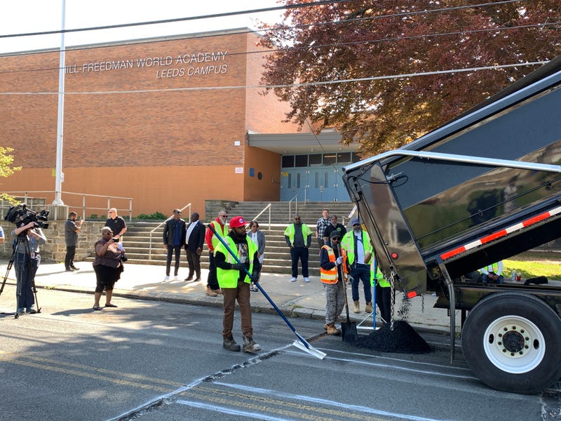 Speed bumps installed in front of Hill-Freedman World Academy Friday