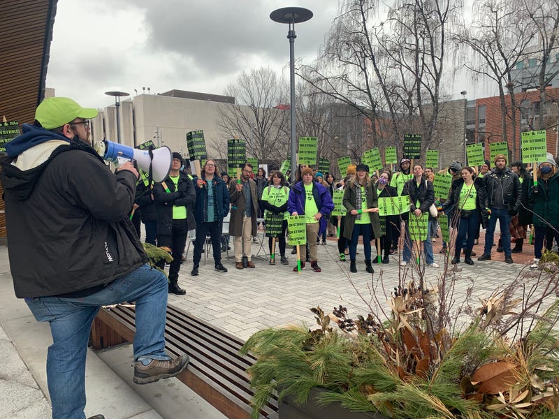 Temple University Graduate Students’ Association members went on strike Tuesday. They held a rally outside Charles Library.