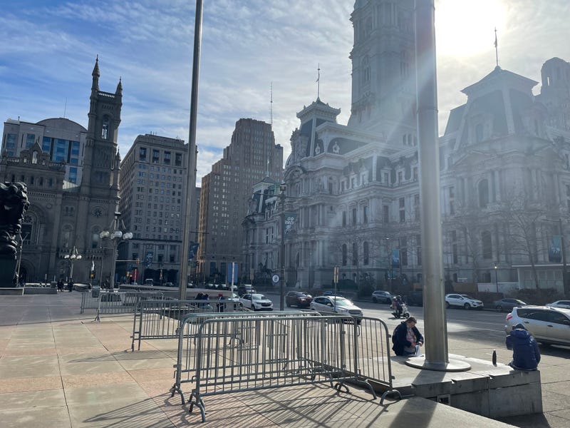 Barriers being set up for Sunday night, when streets surrounding Philadelphia City Hall are being closed for a potential Super Bowl championship celebration with the Eagles playing the Kansas City Chiefs.