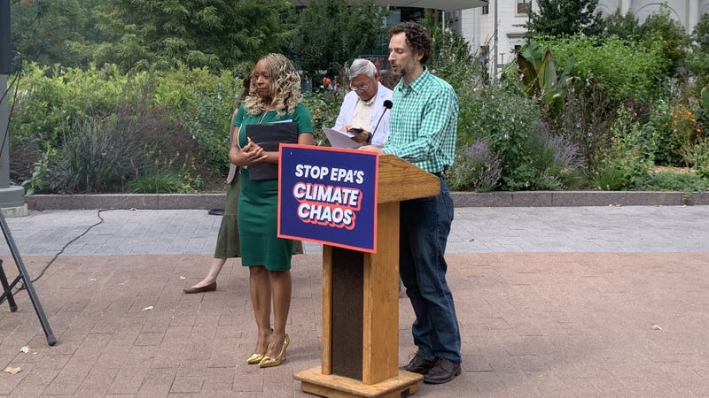 City Councilmember Jamie Gauthier and Clean Air Council Executive Director Alex Bomstein speak at a rally in Love Park supporting the EPA's "endangerment finding."