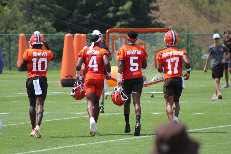 Browns quarterbacks (L to R) Tyler Huntley, Deshaun Watson, Jameis Winston and Dorian Thompson-Robinson during a training camp practice on July 26, 2024.