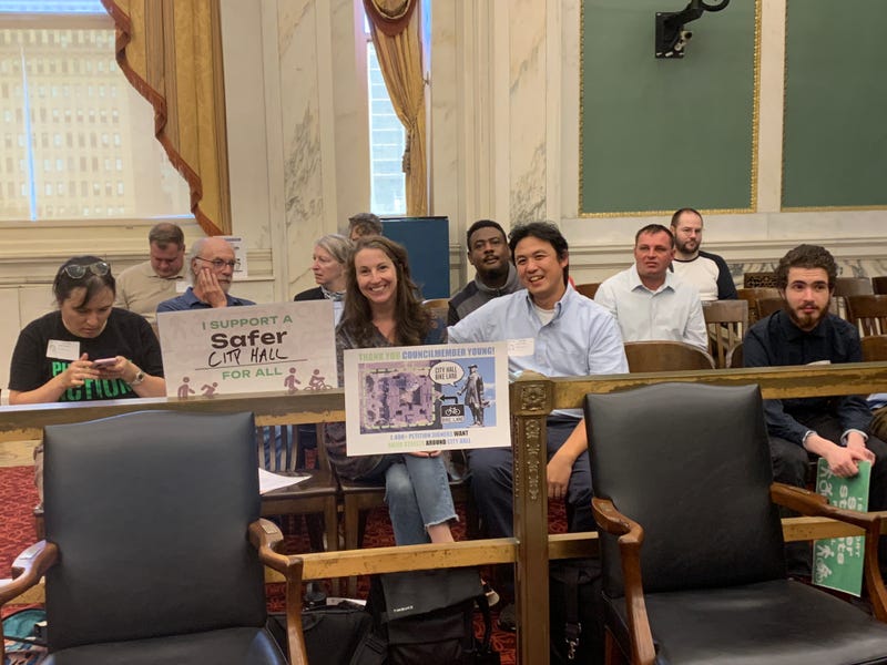 Witnesses in favor of bike safety wait to testify before the committee chaired by Jeffrey Young, and including Jim Harrity and Mark Squilla 