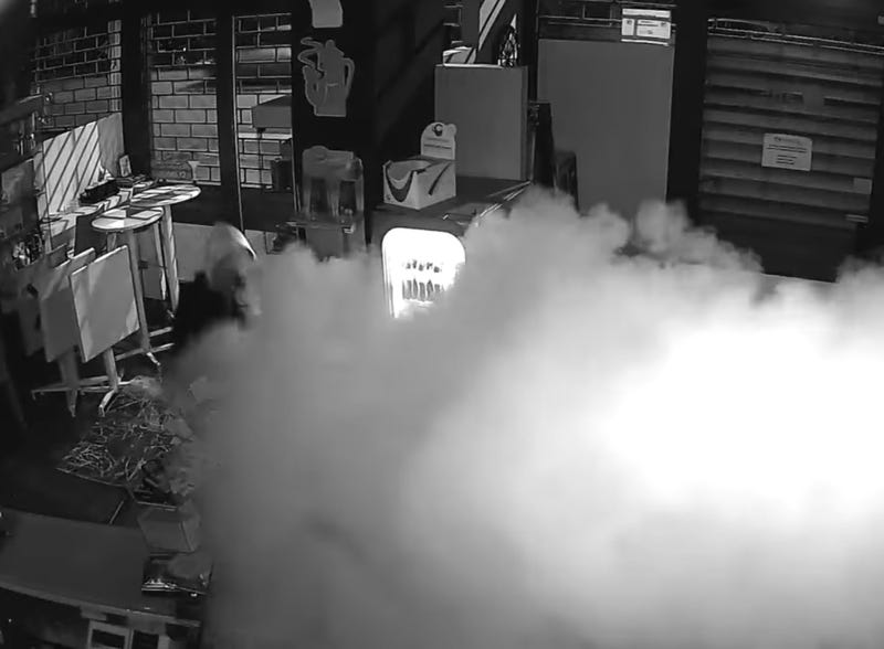 A still from a surveillance video provided to WBBM Newsradio by Density shows a security fog generator in action after burglars broke into a business.