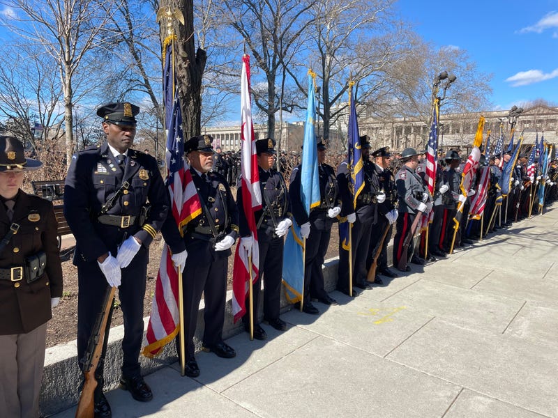 A line of law enforcement officers formed outside the Cathedral Basilica of Saints Peter and Paul to honor slain Temple Police Officer Christopher Fitzgerald.
