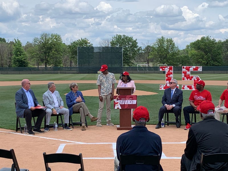 Dick Allen’s wife, Willa, speaks during the dedication of Dick Allen Field at FDR Park on Friday, June 9.
