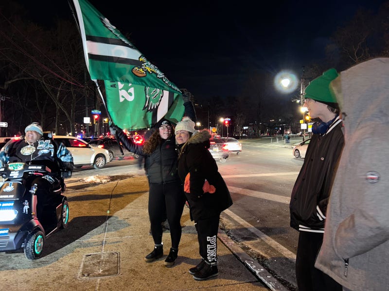 Eagles fans lined up along the Benjamin Franklin Parkway the night before the NFC championship game to catch a special drone show celebrating the team's season.