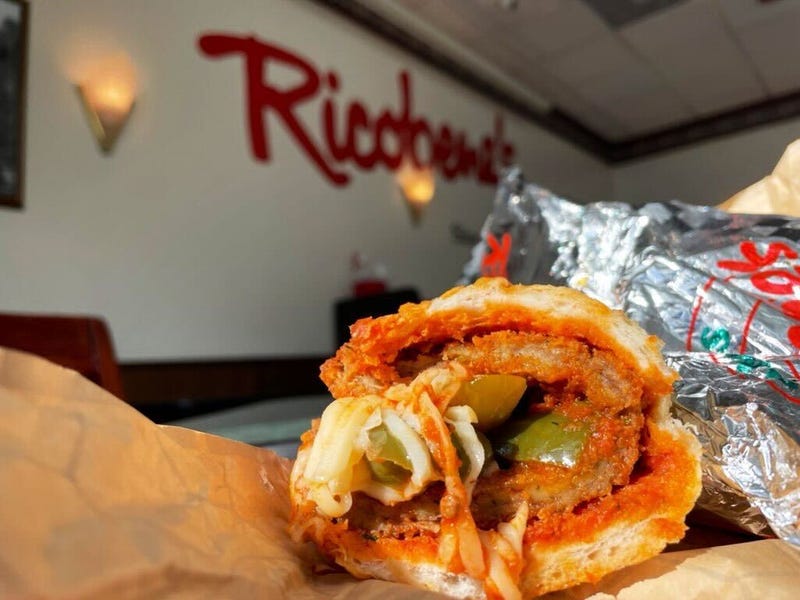 Ricobene's breaded steak sandwich inside Ricobene's