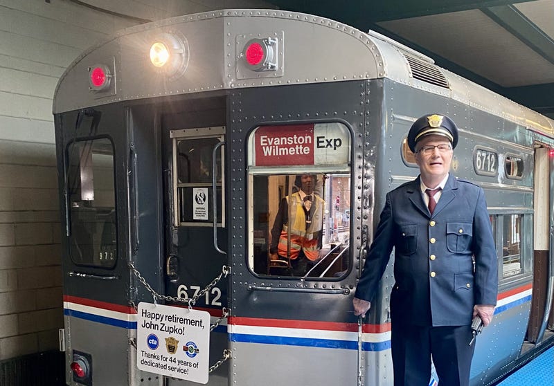 John Zupko's last day on the job, in April 2023. Zupko was among those volunteering at the Chicago Transit Authority's Heritage Fleet event on Sunday at O'Hare Airport.