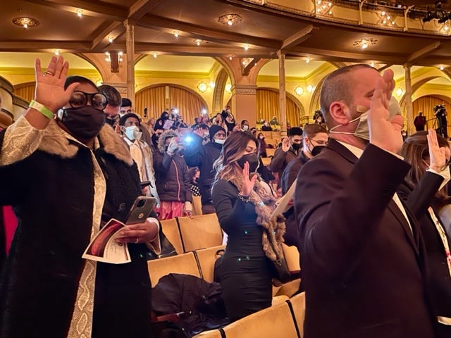 For the first time, the Auditorium Theater hosted a naturalization ceremony Monday in which nearly 500 people from 82 countries were sworn in as U.S. citizens.