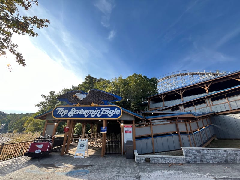 The entrance to the legendary Screamin' Eagle roller coaster is seen at Six Flags St. Louis in September, 2025.