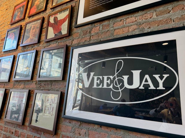 Photos & memorabilia on the walls of Overflow Coffee, former home of Vee-Jay Records 